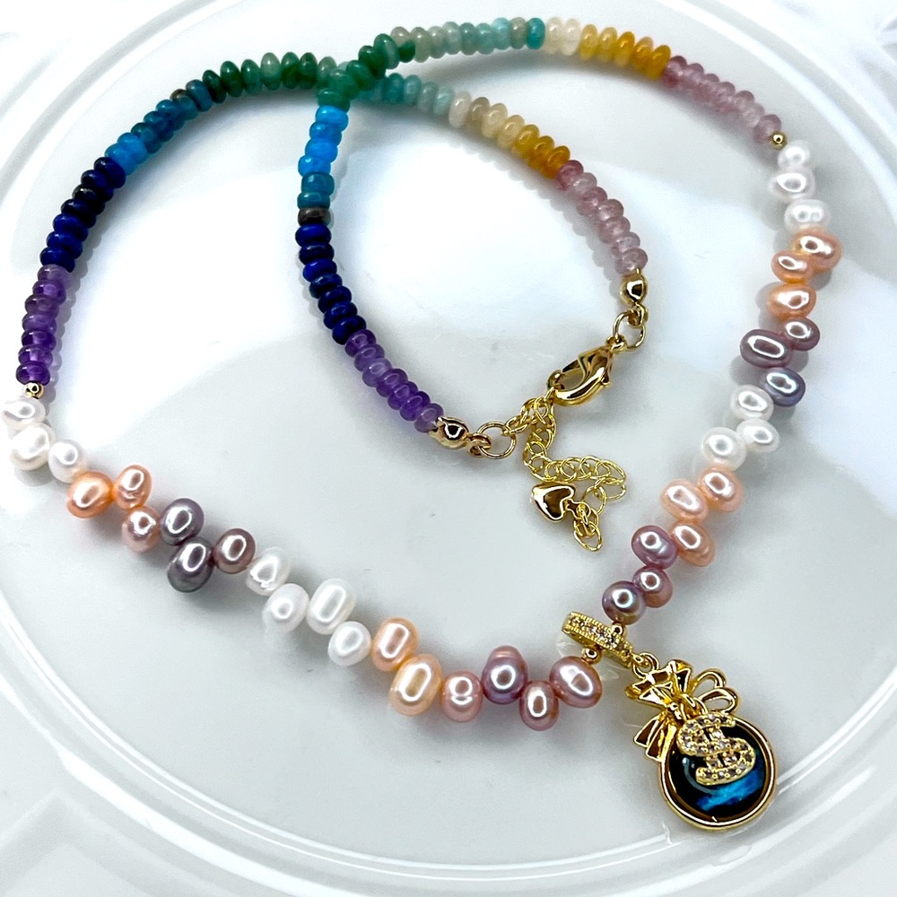 Handmade Freshwater Wheat 🌾 Pearl Multi Gemstone 💎 Detachable Pendant Necklace